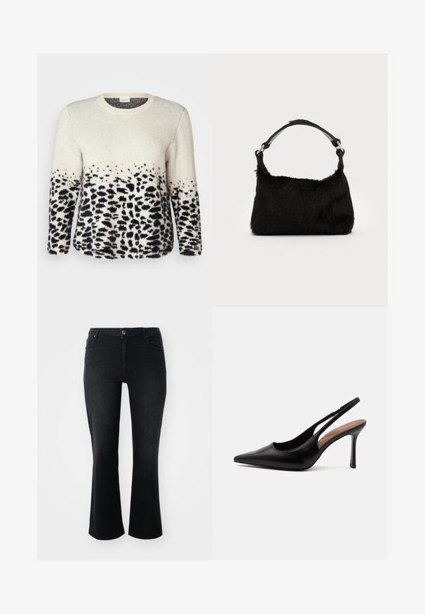 Cremefarbener und schwarzer Tiermuster-Pullover, weiche Textur, Rundhalsausschnitt, lange Ärmel, Farbverlauf mit Leopardenflecken am Saum, lässige Passform.; Schwarze Denim-Jeans mit mittelhohem Bund, vorderem Knopf, zwei Vorder- und zwei Hintertaschen sowie weiter Schnitt.; Schwarzer Leder-Pumps mit spitzer Schuhspitze, dünnem Stiletto-Absatz und offenem Fersenriemen auf weißem Hintergrund.; Schwarze Kunstfell-Handtasche mit weicher Textur, runder Form und einem stabilen schwarzen Leder-Schulterriemen. Sichtbare silberne Hardware-Akzente.