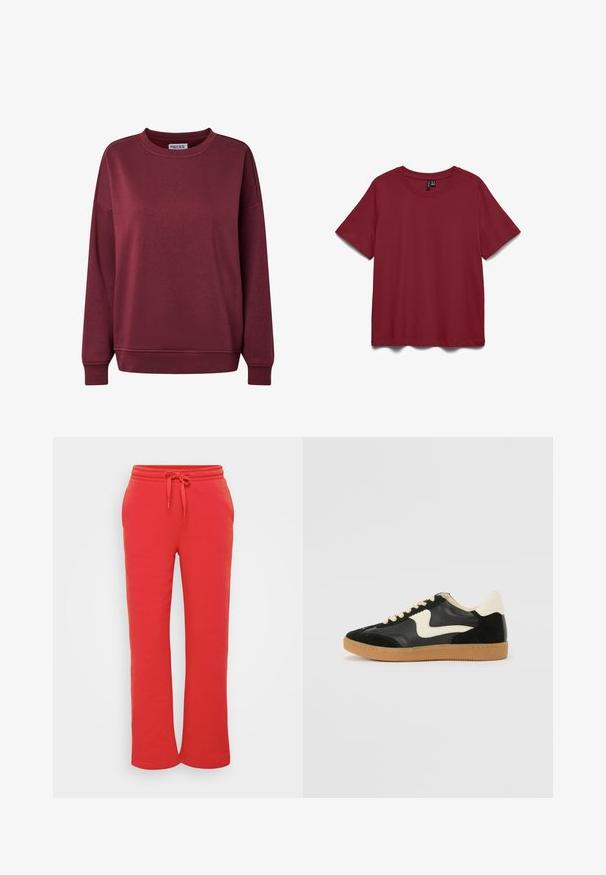Langärmeliges Rundhals-Sweatshirt in dunklem Burgunder mit gerippten Bündchen und Saum, einfarbiger Vorderseite und einem Stofflabel innen im Kragen.; Kurzärmliges, rundhalsiges, einfarbiges T-Shirt in dunklem Rot, flach auf weißem Hintergrund dargestellt.; Rote Sweatpants aus weichem Baumwollmaterial, mit einem elastischen Bund und Kordelzug sowie einem geraden Bein Schnitt. Geschmeidige Textur.; Schwarze Wildleder- und Leder-Sneaker mit einem cremefarbenen Seiten-Swoosh und einer hellcremefarbenen Ferse. Ausgestattet mit beige Schnürsenkeln und einer Gummilaufsohle.