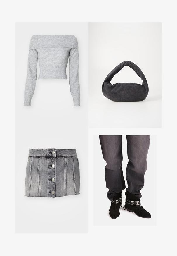Weekday LOLO OFF SHOULDER - Svetrík - grey melange; Šedá džínová sukňa s vysokým pásom, piatimi striebornými gombíkmi, vertikálnym prešitím a surovým lemom. Má priliehavý strih a jemnú textúru.; Čierne semišové členkové topánky s frncovaním, so striebornými dekoratívnymi akcentmi a špicatou špičkou, skombinované s voľnými sivými džínsami.; Tmavošedá látková taška s zakrivenou rúčkou, jemnou textúrou a zaobleným tvarom. Bez viditeľného hardvéru alebo ozdôb.