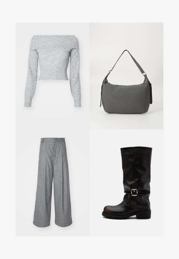 Weekday LOLO OFF SHOULDER - Jersey de punto - grey melange; Pantalones de pierna ancha grises, confeccionados en una tela suave, con una cintura alta, pliegues frontales y una etiqueta de logo sutil en la cinturilla.; Bota alta de piel negra con punta redondeada, tacón bajo, correa con hebilla lateral y caña ligeramente caída sobre fondo blanco.; Bolso de hombro acolchado gris con forma curva, textura suave, correa ajustable y un logotipo sutil en relieve en la parte frontal.