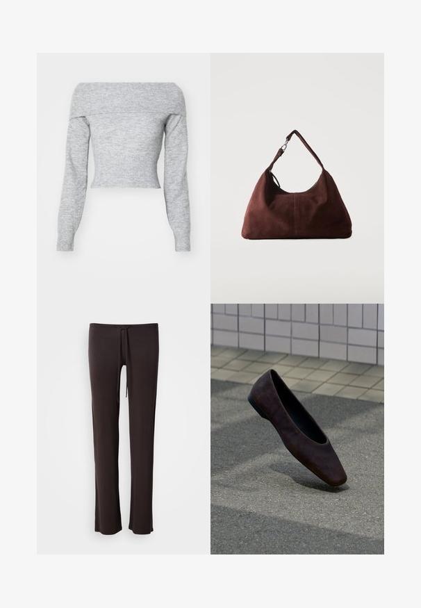 Weekday LOLO OFF SHOULDER - Πουλόβερ - grey melange; Μαύρο, ελαφρύ παντελόνι με ίσια γραμμή, ελαστική μέση με κορδόνι και λεία υφή· σχεδιασμένο για άνεση και ευκολία κίνησης.; Ενιαίο σκούρο καφέ επίπεδο παπούτσι να επιπλέει πάνω από υφή έδαφος με φόντο τοίχο από πλακάκια.; Ήπιο καφέ τσάντα ώμου από σουέτ με έναν ιμάντα και ασημένια μεταλλικά εξαρτήματα σε απλό ανοιχτό φόντο.