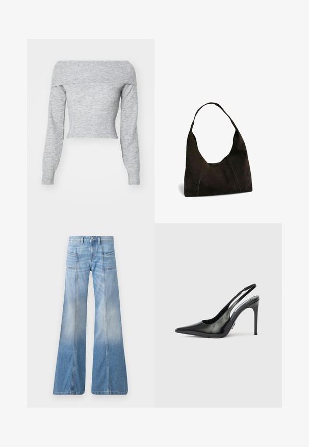 Weekday LOLO OFF SHOULDER - Jersey de punto - grey melange; Vaqueros acampanados de color azul claro hechos de mezclilla. Cuentan con una cintura alta, cuatro bolsillos y un efecto de degradado desvaído hacia el dobladillo.; Zapato de salón de tacón alto slingback de charol negro, punta puntiaguda, lados recortados y tacón delgado. Acabado brillante con detalles mínimos en herrajes.; Bolso de hombro de ante marrón con un diseño curvo, una apertura amplia y costuras en contraste a lo largo de las juntas. La textura suave mejora el agarre.