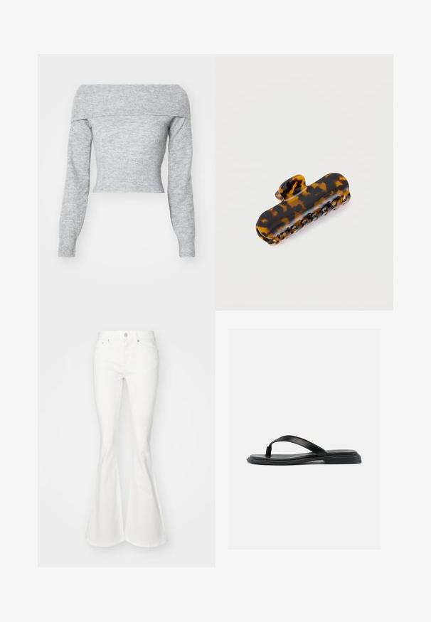 Weekday LOLO OFF SHOULDER - Neule - grey melange; Valkoiset flare-farkut, joissa on sopiva vyötärö, viisi taskua ja hopeanvärinen nappikiinnitys. Luja pinta ja klassinen tyyli.; Musta litteä varvastossu, jossa on teksturoitu hihna ja hieman korotettu korko, esitetty sivuprofiilissa yksivärisellä vaalealla taustalla.; Kiilamainen kilpikonnakuviollinen hiusklipsi kiiltävästä muovista, jossa on kaareva muoto ja kahdeksan puristavaa hammasta tukevan pidon takaamiseksi.