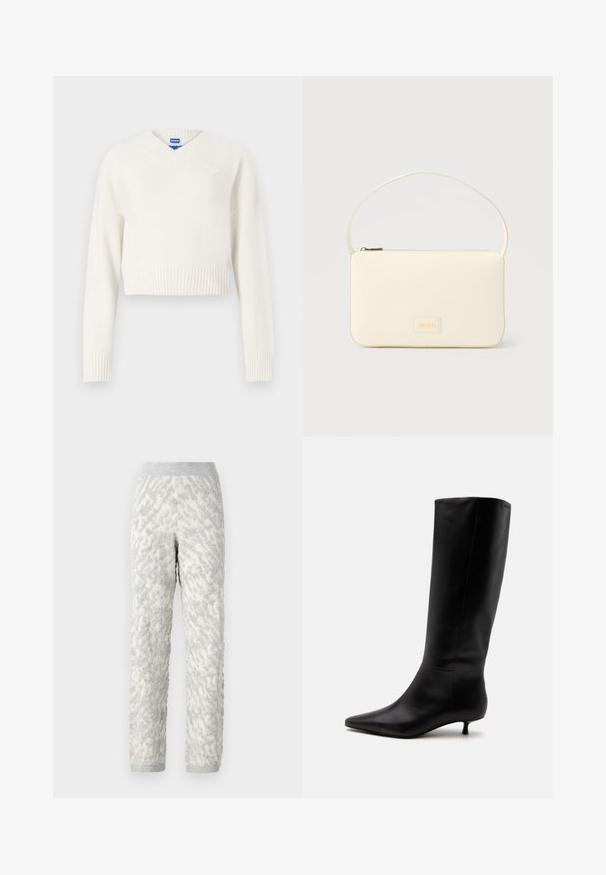 Hvid, cropped sweater lavet af blødt strikket materiale. Har V-hals, ribbet kant og et lille hjerteemblem på venstre bryst.; Strukturerede loungbukser i elfenben med grå mønstre, der har et blødt stof, elastisk talje og ribbede manchetter.; Sort læder knæhøj støvle med spids snude og lav kittenhæl mod en ensfarvet lys baggrund.; Kremfarvet rektangulær håndtaske med en enkelt rem og lynlås øverst, med en lille præget logo-plakette foran.