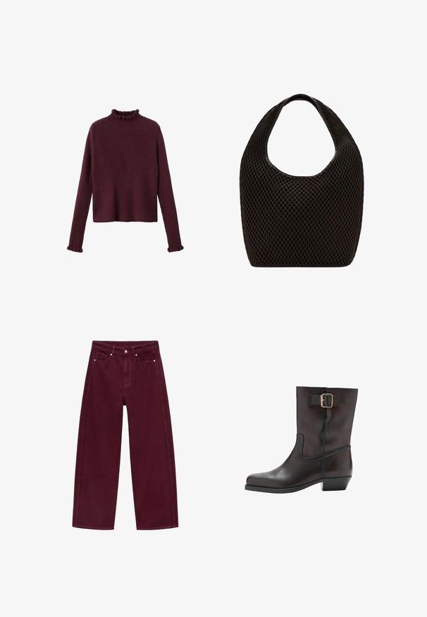 Bordeaux ribbel gebreid trui met een hoge hals en gerimpelde manchetten. Het ontwerp is losvallend en heeft een cropped lengte.; Bordeaux wijde jeans van denim, met een vier-pocket ontwerp en metalen knoopsluiting met bijpassende stiksels.; Zwarte leren enkellaarzen met een ronde neus, lage blokhak, zij-elastische paneel en een gouden gespaccent op de enkelriem.; Zwarte open geweven mesh tas met afgeronde bovenhandgreep en een breed, gebogen lichaam.