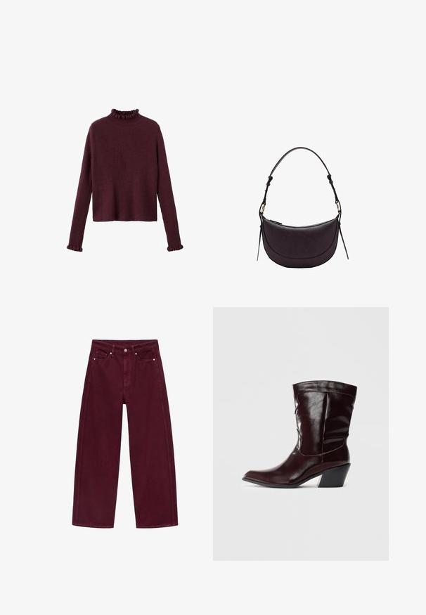 Burgunderrød ribbet striktrøje med høj hals og flæseærmer. Designet er løst og har en kort længde.; Bordeaux bredde ben jeans lavet af bomuldsdenim, med fire-pocket design og metalknap lukning med matchende syninger.; Bordeaux læder ankelstøvler med spids tå, tekstureret overflade og en lav, taperet hæl. Har diskrete søm og en tætsiddende pasform.; Lilla læder hobo taske med en afrundet form, aftagelig rem og hardware i guldfarvet tone. Tekstureret overflade med synlige sømme.
