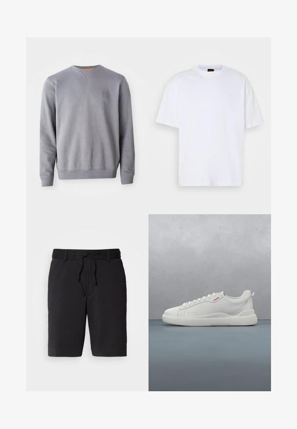 Sudadera gris de cuello redondo hecha de un material suave. Presenta puños y dobladillo de canalé, así como un pequeño parche con logo en el pecho. Textura suave.; Camiseta de algodón blanca con cuello redondo, mangas cortas y un corte relajado. Presenta costuras de hombro texturizadas para un detalle adicional.; Pantalones cortos negros con un patrón texturizado, cinturilla elástica y cordón ajustable para un mejor ajuste. Longitud hasta el medio muslo, diseño simple sin bolsillos visibles.; Zapatilla blanca con un acabado de cuero liso, punta redonda, cuatro ojales, perforaciones sutiles y un detalle de logo rojo en el lateral.