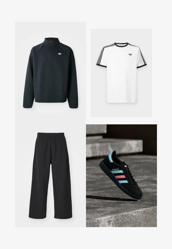 Sort quarter-zip sweatshirt lavet af blødt stof, med raglanærmer og hvidt logo på brystet. Manchetterne er elastiske.; Hvid bomulds t-shirt med sort ribkant ved hals og ærmer, med tre sorte striber på hver skulder og et lille logo på brystet.; adidas Originals Træningsbukser - black; Sort Adidas Spezial sneaker med blå og pink striber, svævende over en tekstureret grå betonoverflade med skygge nedenunder.