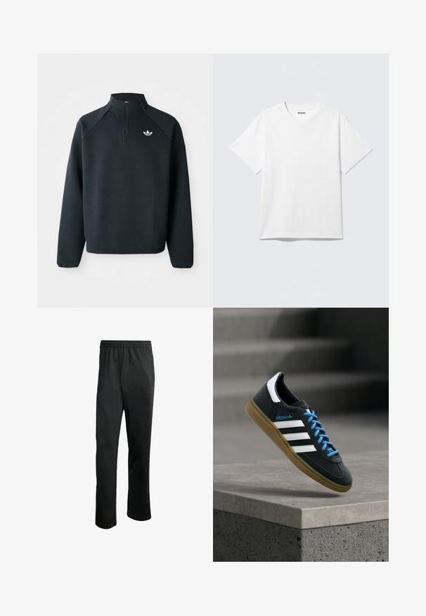 Must värvi neljandiku tõmblukuga jakke, mis on valmistatud pehmest kangast, raganlasleevidega ja valge logoga rinnal. Varrukate äärised on elastsed.; Valge lühikeste varrukatega ümarakaelusega T-särk, laotatud sirgelt, ühevärviline disain, krae siseküljel "WEEKDAY" silt heledal taustal.; Mustad mustpüksid mugava elastse vöökohtaga, kahe küljetaskuga ja sileda, kergest kangast. Omab peent logot.; Must Adidas toss valgete triibu, siniste paelte ja kummist tallaga, hõljuv pehme valgusega halli betoonastme kohal.