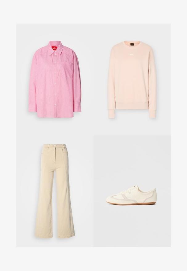 Sweat-shirt à manches longues rose clair avec col rond, poignets et ourlet en côte, arborant un petit logo BOSS blanc centré sur la poitrine.; Chemise rose à manches longues, présentant des rayures verticales blanches, une poche poitrine et des poignets boutonnés. Confectionnée en tissu léger.; Jeans beige à jambes larges avec taille haute, poches avant, et couture contrastée, dotés d'une fermeture à bouton et d'une texture en coton lisse.; Baskets couleur crème avec une tige en daim et tissu, un bout arrondi, et une semelle en caoutchouc avec un détail accent beige. Fermeture à lacets.