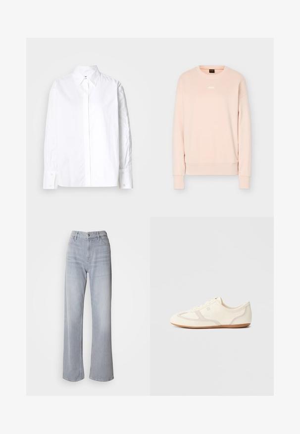 Sudadera de manga larga color rosa claro con cuello redondo, puños y dobladillo acanalados, con un pequeño logo blanco de BOSS centrado en el pecho.; Camisa blanca de botón con cuello clásico, mangas largas y puños abotonados. Fabricada con una tela suave, presenta una tapeta en el centro delantero.; Jeans de pernera ancha en gris claro, con cintura alta, hechos de denim. Presentan bolsillos frontales, cremallera y un leve desvanecimiento por toda la prenda.; Zapatillas de color crema con parte superior de ante y tela, puntera redondeada y suela de goma con un detalle en beige. Diseño con cordones.