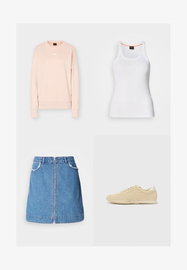 Sudadera de manga larga color rosa claro con cuello redondo, puños y dobladillo acanalados, con un pequeño logo blanco de BOSS centrado en el pecho.; Camiseta de tirantes blanca acanalada con un escote redondo, que presenta un diseño de tiras estrechas y un acento naranja a lo largo del borde interior del escote. Logotipo de la marca visible.; Falda de mezclilla azul claro con cremallera en el frente, bordes de los bolsillos deshilachados y un diseño recto. El dobladillo tiene una ligera curvatura.; Zapatillas de ante beige con diseño de cordones, parte superior texturizada, suela de goma en contraste y un leve tacón. Estilo minimalista con un sutil branding.