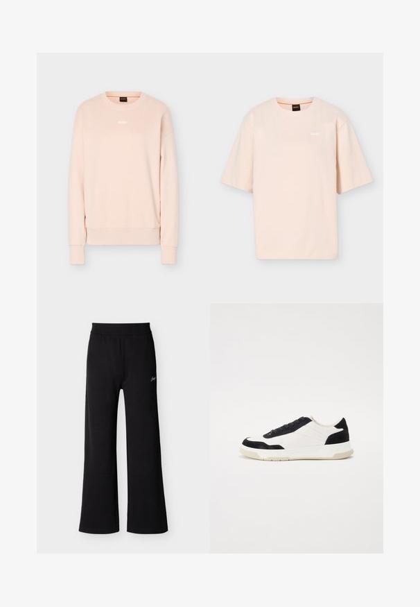 Sweat-shirt à manches longues rose clair avec col rond, poignets et ourlet en côte, arborant un petit logo BOSS blanc centré sur la poitrine.; T-shirt beige clair à manches courtes avec col rond, petit logo blanc "BOSS" sur le côté gauche de la poitrine et étiquette noire au col avec détail orange.; Pantalon noir à jambes larges avec taille élastique et petit détail signature blanc sur la cuisse gauche supérieure, présenté sur un fond uni.; Baskets avec une tige en cuir blanc, des accents en daim noir et une semelle en caoutchouc texturé. Dotées d'un système de laçage et de détails cousus.