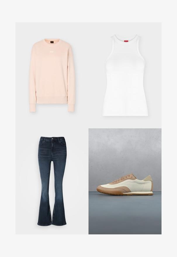 Sudadera de manga larga color rosa claro con cuello redondo, puños y dobladillo acanalados, con un pequeño logo blanco de BOSS centrado en el pecho.; Camiseta de tirantes blanca con canalé, cuello alto redondo y forma ajustada, mostrada sobre un fondo claro y sencillo.; Jeans de mezclilla de campana en azul oscuro con cintura alta, cierre de botón, bolsillos frontales y un sutil desgaste en los muslos y las rodillas.; Zapatilla en crema y beige con parte superior texturizada, cordones y suela de goma, exhibida sobre una superficie de madera con piedras.