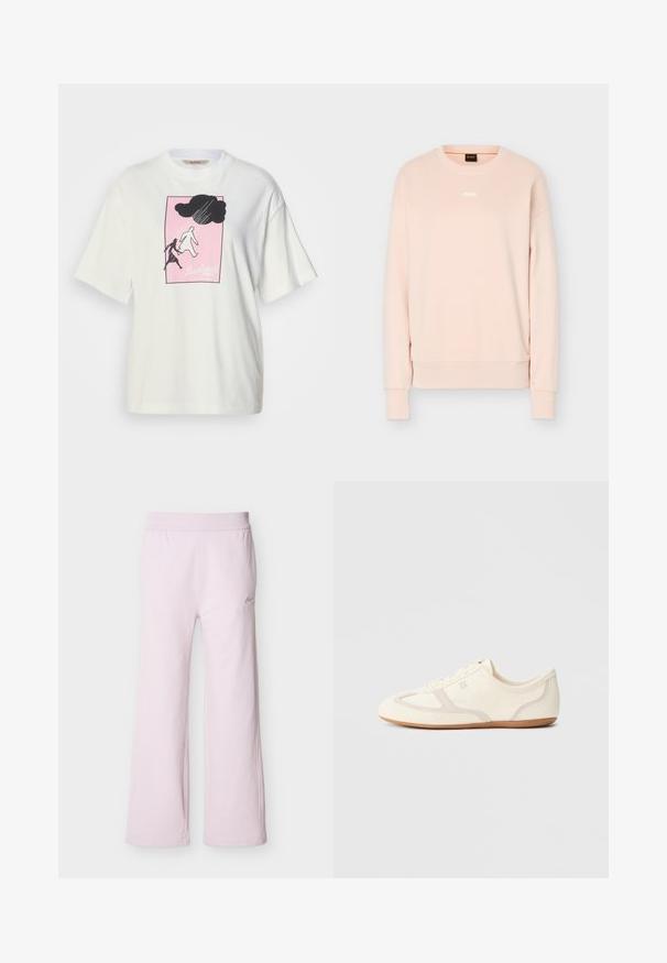 Sweat-shirt à manches longues rose clair avec col rond, poignets et ourlet en côte, arborant un petit logo BOSS blanc centré sur la poitrine.; T-shirt blanc à manches courtes en coton, avec un motif graphique noir et blanc sur fond rose et le texte « Barbour » en bas.; Pantalon de jogging ample rose clair avec taille élastique et petit logo brodé sur la partie supérieure de la cuisse gauche.; Baskets couleur crème avec une tige en daim et tissu, un bout arrondi, et une semelle en caoutchouc avec un détail accent beige. Fermeture à lacets.