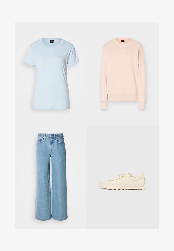 Lichtroze sweater met lange mouwen en ronde hals, met geribbelde manchetten en zoom, voorzien van een klein wit BOSS-logo in het midden van de borst.; Lichtblauw katoenen t-shirt met korte mouwen, ronde hals en een klein geborduurd logo op de linker borst. Glad textuur.; Lichtblauwe wijde jeans van denim, met een hoge taille, vijf pockets en subtiele vervaging langs de stof.; Low-profile sneaker in crèmekleur met golvende stiksels, vetersluiting en een geribbelde zool, zijaanzicht tegen een effen achtergrond.