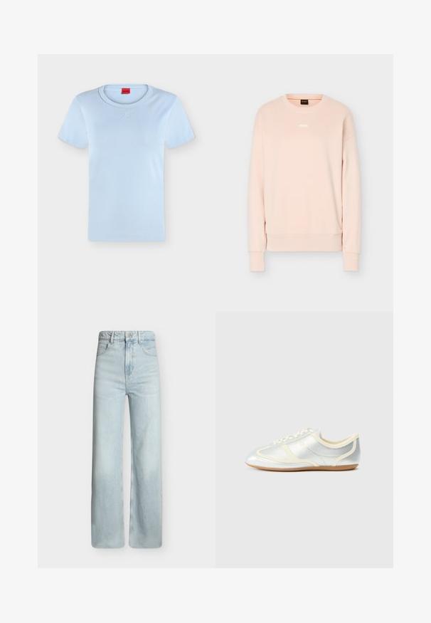 Sweat-shirt à manches longues rose clair avec col rond, poignets et ourlet en côte, arborant un petit logo BOSS blanc centré sur la poitrine.; T-shirt bleu clair à manches courtes avec col rond et logo "HUGO" en relief subtil centré sous le col, ainsi qu'une étiquette intérieure rouge.; Jean bleu clair taille haute à jambes larges avec poches à l'avant, passants de ceinture et fermeture par bouton métallique sur fond uni.; Baskets synthétiques argentées avec accents crème, profil bas, bout arrondi et semelle en caoutchouc plate ; dotées de coutures classiques et d'une fermeture à lacets.