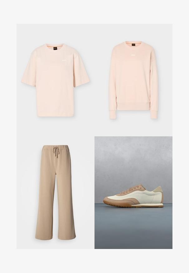 Sweat-shirt à manches longues rose clair avec col rond, poignets et ourlet en côte, arborant un petit logo BOSS blanc centré sur la poitrine.; T-shirt beige clair à manches courtes avec col rond, petit logo blanc "BOSS" sur le côté gauche de la poitrine et étiquette noire au col avec détail orange.; Pantalon beige à jambes larges avec une ceinture élastique et un cordon de serrage. Confectionné dans un tissu doux à la texture lisse, avec un ourlet surpiqué.; Baskets crème et beige avec une tige texturée, des lacets et une semelle en caoutchouc, présentées au-dessus d'une surface en bois avec des cailloux.