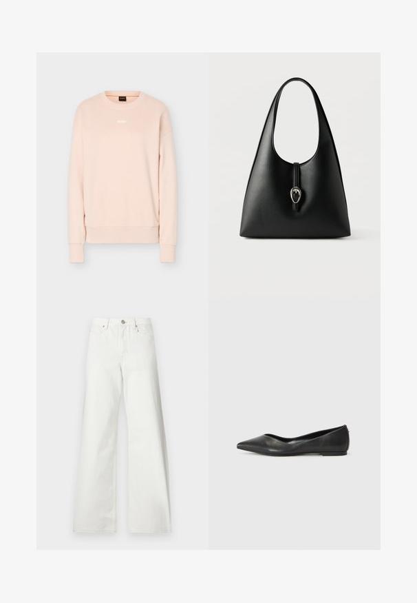 Lys pink langærmet crewneck-sweatshirt med ribstrikkede manchetter og kant, med lille hvid BOSS-logo centreret på brystet.; Hvide jeans med høj talje og vide ben med knaplukning foran, bæltestropper og forlommer på ensfarvet baggrund.; Sorte læder balletlejersko med spids tå, lav hæl og glat overflade. Minimalistisk design med en diskret sideaccent.; Sort læderhåndtaske med et enkelt håndtag og en sølvspænde med remlukning på en hvid baggrund.
