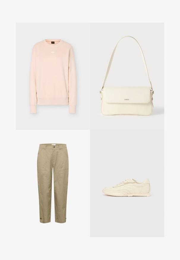 Lys pink langærmet crewneck-sweatshirt med ribstrikkede manchetter og kant, med lille hvid BOSS-logo centreret på brystet.; Beige, lette bukser med lige pasform, der har sidelommer og knapdetaljer i kanten for justerbar pasform og stil.; Lavprofileret sneaker i cremefarve med bølget syning, snørebånd og en rilleret sål, vist fra siden på en ensfarvet baggrund.; Cremefarvet læder skuldertaske med flaplukning, sølvfarvet beslag, en enkelt justerbar rem og diskrete logodetaljer.