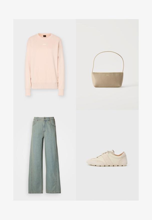 Lys pink langærmet crewneck-sweatshirt med ribstrikkede manchetter og kant, med lille hvid BOSS-logo centreret på brystet.; Lyseblå bredbuks jeans lavet af denim, med knap- og lynlås-lukning, fem lommer og kontrasterende syninger.; Sneakers med overdel i cremefarvet læder og ruskind, der har to vandrette beige striber og en gummisål, rundet tå-design, snørelukning.; Beige flettet håndtaske med tynd skulderrem og lille guld "BOSS" logo foran, vist mod en ensfarvet hvid baggrund.
