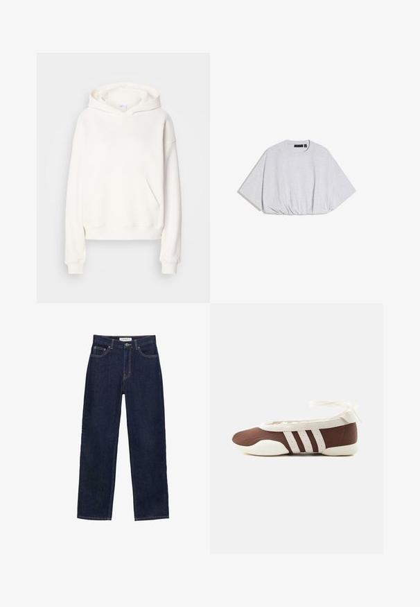 Sweat-shirt à capuche blanche en tissu doux, doté d'une poche avant et de poignets côtelés, avec une coupe décontractée et un design minimaliste.; Sweat-shirt gris clair à manches courtes raccourcies avec manches larges et ourlet froncé, encolure ronde, posé à plat sur fond blanc.; Jean denim bleu foncé à jambe droite avec poches avant et arrière, fermeture à bouton et coutures visibles.; Chaussure plate de ballet marron et blanche avec trois bandes blanches et un nœud à nouer à la cheville sur un fond clair uni.