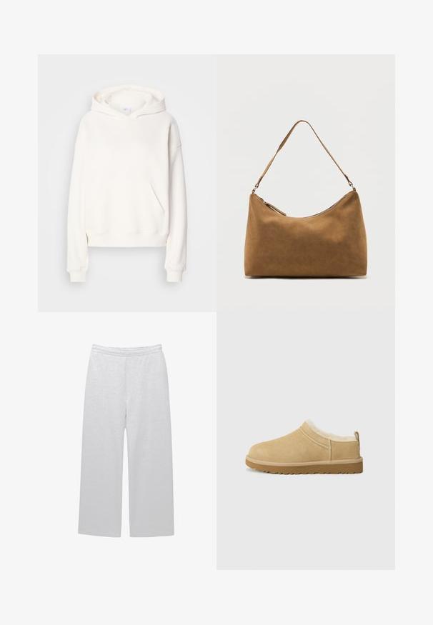 Sweat-shirt à capuche blanche en tissu doux, doté d'une poche avant et de poignets côtelés, avec une coupe décontractée et un design minimaliste.; Pantalons blancs à jambes larges en tissu doux avec une taille élastique et deux poches latérales ; texture lisse et détails minimaux.; Chaussure en daim à enfiler de couleur beige clair, dotée d'une douce doublure en fourrure et d'une semelle en caoutchouc texturé avec un léger talon et une sangle à l'arrière pour un enfilage facile.; Sac à bandoulière en daim marron avec une seule sangle et une fermeture éclair supérieure, présenté sur un fond blanc uni.