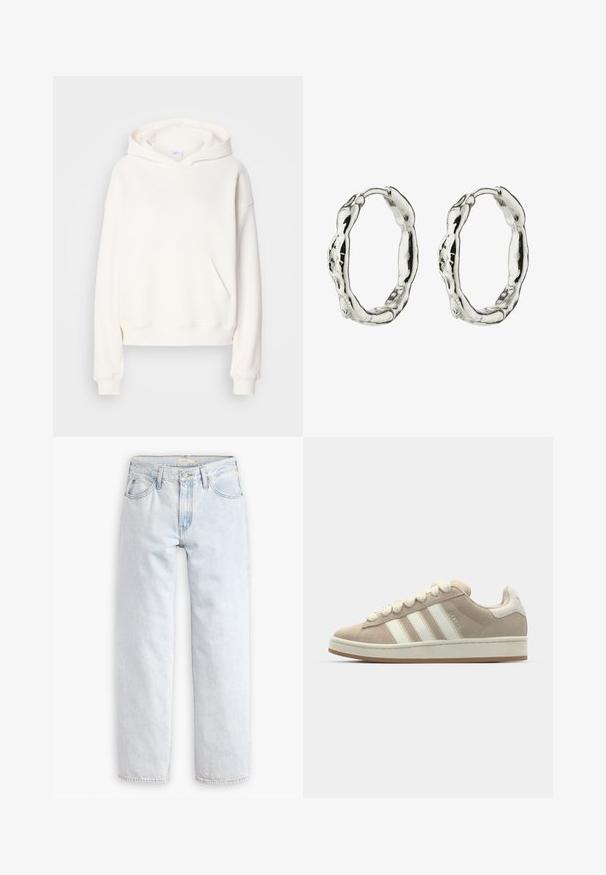 Witte hoodie gemaakt van zacht materiaal, met een voorzak en ribgebreide manchetten, in een comfortabele pasvorm en een minimalistisch ontwerp.; Lichtblauwe, rechte spijkerbroek met hoge taille, met vijf zakken, een sluiting met knoop aan de voorkant en zichtbare stikseldetails.; Tan suède sneaker met witte leren strepen en veters, rubberen zool, gewatteerde kraag en tekstuurdetails aan de bovenkant.; Zilveren oorbellen van het type hoop met een getextureerd, organisch ontwerp en een iets onregelmatige vorm, wat zorgt voor een natuurlijke, ambachtelijke uitstraling.