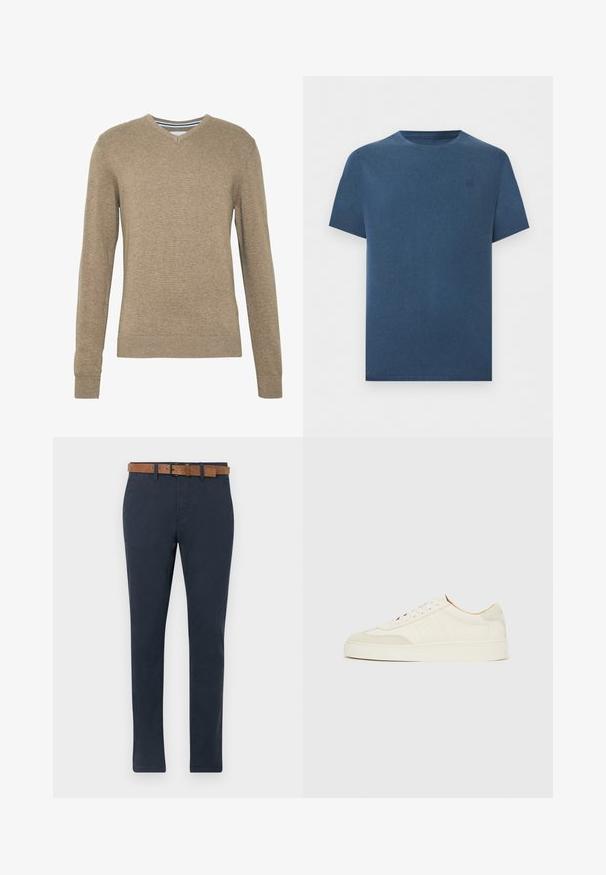 V-hals sweater lavet af blødt, lysebrunt strikstof med lange ærmer samt ribbede manchetter og kant. Subtil struktur i hele stoffet.; Marineblå t-shirt med kortærmer og rund halsudskæring med diskret logo på venstre bryst, ensfarvet design, vist på hvid baggrund.; Mørkeblå chinos lavet af bomuld med en glat tekstur. Har et brunt ruskindsbælte med spænde og lige ben-design.; Hvide ruskinds-sneakers med en glat finish, rund tå, fladt snøresystem og kontrasterende teksturerede detaljer. Indeholder et diskret logo.