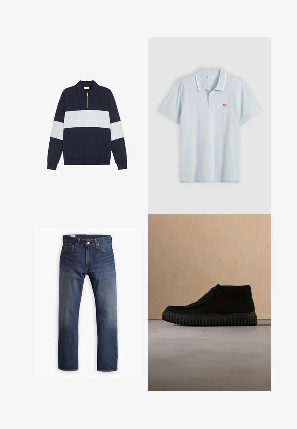 Pull marine avec une bande horizontale blanche et un col zippé. "Les Deux" brodé en crème sur la bande. Tissu doux, coupe classique.; Polo bleu clair à manches courtes avec double rayures blanches sur le col et petit logo rouge Levi’s sur la poitrine, présenté à plat.; Jean en denim bleu foncé avec une coupe droite, présentant un style classique à cinq poches, une fermeture à bouton en métal et des accents de couture visibles.; Bottes de cheville noires en matériau doux, avec un bout rond, un lacet minimal, et une semelle en caoutchouc texturée comportant des rainures verticales.