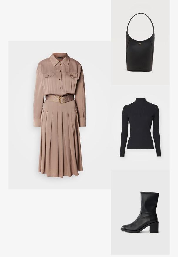 Zwarte geribde coltrui met lange mouwen. Gemaakt van rekbare stof met een getailleerde pasvorm en hoge kraag. Eenvoudig ontwerp zonder versieringen.; Korte jurk met lange mouwen van een zachte beige stof, met twee borstzakken, knopen aan de voorkant, gepliseerde rok en een bijpassende riem met gouden hardware.; Zwarte leren enkellaars met een ronde neus, een gladde textuur en een chunky hak, met een strak schacht en subtiele stiksels.; Zwarte leren emmerhandtas met enkele schouderband en klein gouden BOSS-logo centraal geplaatst nabij de bovenkant aan de voorkant.