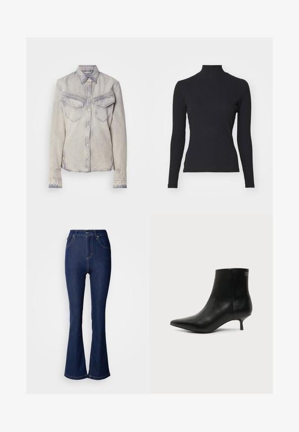 Schwarzes, geripptes Rollkragenoberteil mit langen Ärmeln. Aus dehnbarem Stoff mit figurbetonter Passform und hohem Kragen. Einfaches Design ohne Verzierungen.; Hellblaues Denim-Hemd mit spitzem Kragen, zwei Brusttaschen und Knopfverschluss. Mit kontrastierender Naht und fransigem Saum.; Dunkelblaue Schlagjeans aus Denim mit hoher Taille, mit Fronttaschen, kontrastierendem Nähen und Knopfverschluss.; Schwarzer Leder-Knöchel-Stiefel mit spitzer Spitze und niedrigem Kittenabsatz vor hellem Hintergrund, seitliche Ansicht.