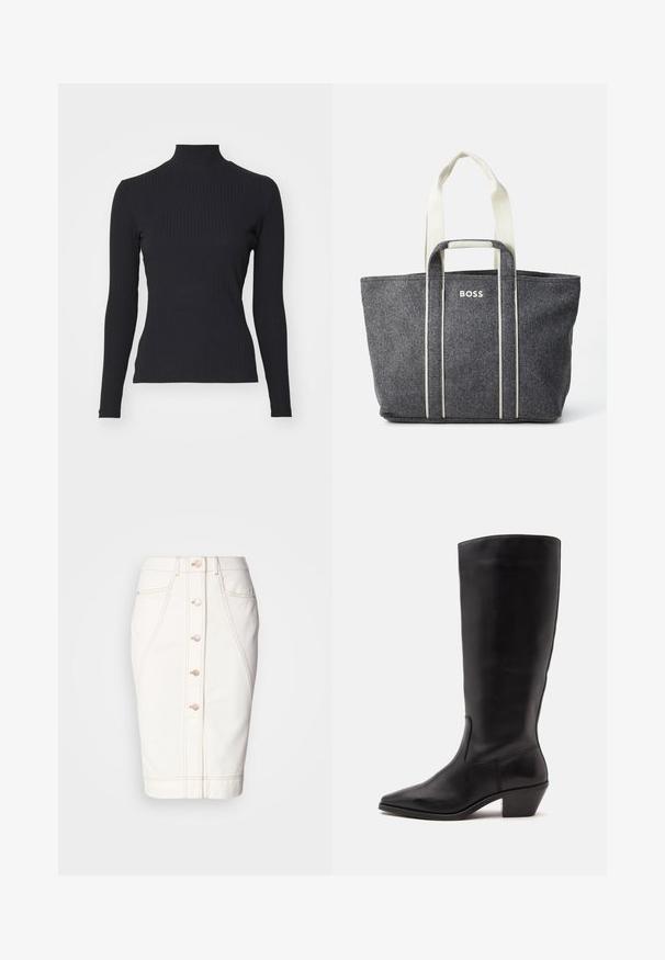 Haut noir à col roulé côtelé avec des manches longues. Fabriqué en tissu extensible avec une coupe ajustée et un col montant. Design simple sans embellissements.; Jupe en denim blanc avec un bouton à l'avant, couture visible et une silhouette crayon. Pas de poches visibles. Texture lisse.; Botte en cuir noire mi-mollet avec un bout pointu et un talon bas incliné sur un fond clair uni.; Sac fourre-tout gris avec des poignées crème, affichant un design minimaliste et un logo « BOSS » en argent sur le devant, avec deux poignées supérieures.