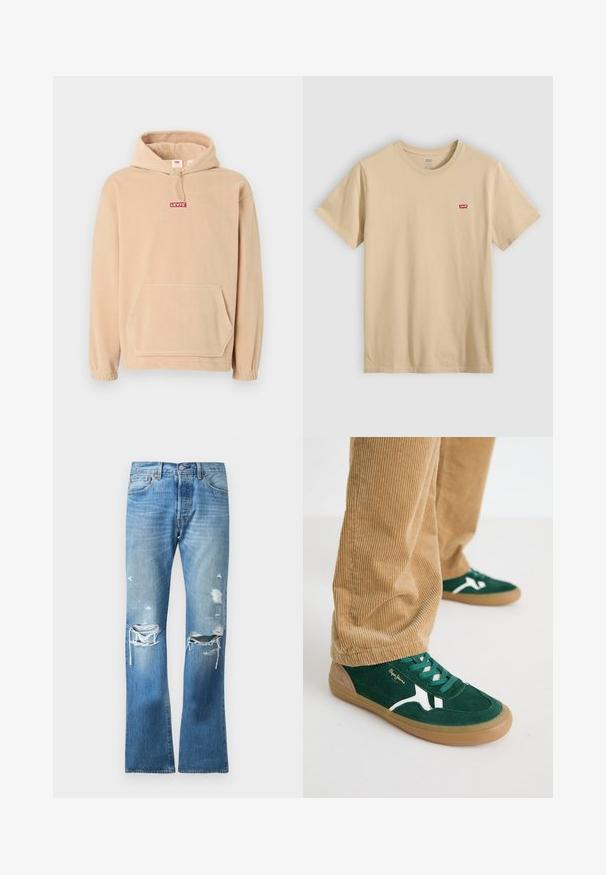 Sudadera de felpa beige con un bolsillo tipo canguro en la parte delantera. Presenta un logo rojo de "LEVI'S" en el pecho y puños elásticos en las mangas.; Camiseta beige de algodón con mangas cortas, escote redondo y un pequeño parche con el logo rojo de Levi's en el pecho. Tejido liso y ligero.; Jeans de mezclilla azules de pierna recta con un lavado descolorido y múltiples desgastes en ambas rodillas y muslos superiores.; Zapatillas de ante verde con detalles en blanco y cordones verdes. Suela de goma, puntera redondeada y detalles en color marrón en el talón. Combinadas con pantalones de pana.
