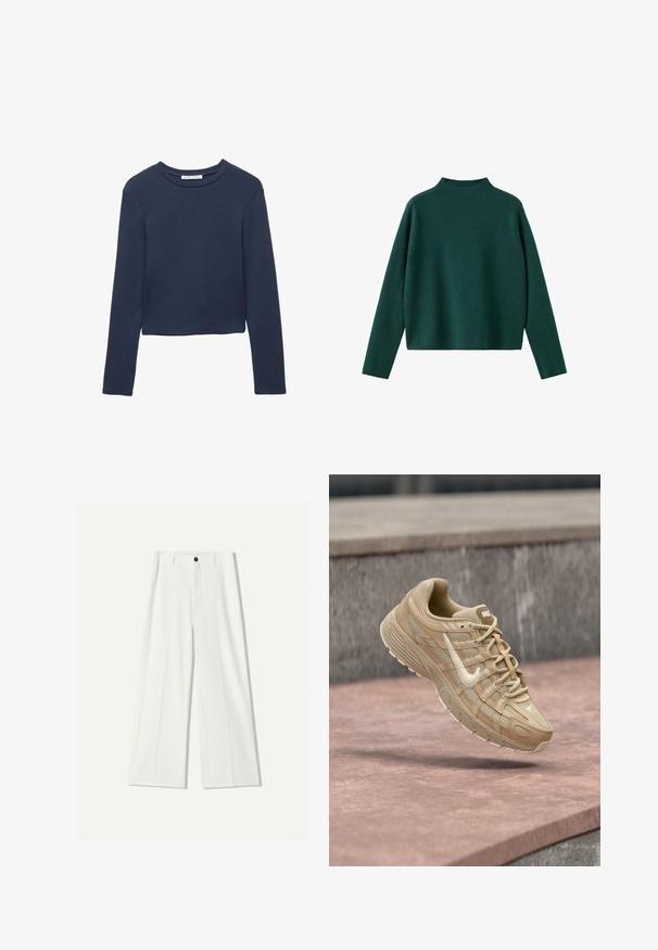 Mørkegrønt pullover-sweater med høj hals, lange ærmer og en afslappet pasform. Stoffet ser blødt og glat ud og har minimale sømme.; Mørkeblå langærmet cropped skjorte med rund hals, præsenteret fladt på en hvid baggrund.; Hvide bukser med bred ben i glat stof, der har en front knaplukning og plisserede detaljer. Flad frontdesign, ingen synlige lommer.; Beige Nike-sneaker med hvid Swoosh-logo, mesh og læderoverdel, svævende over en lyserød betongulv med en grå stens baggrund.