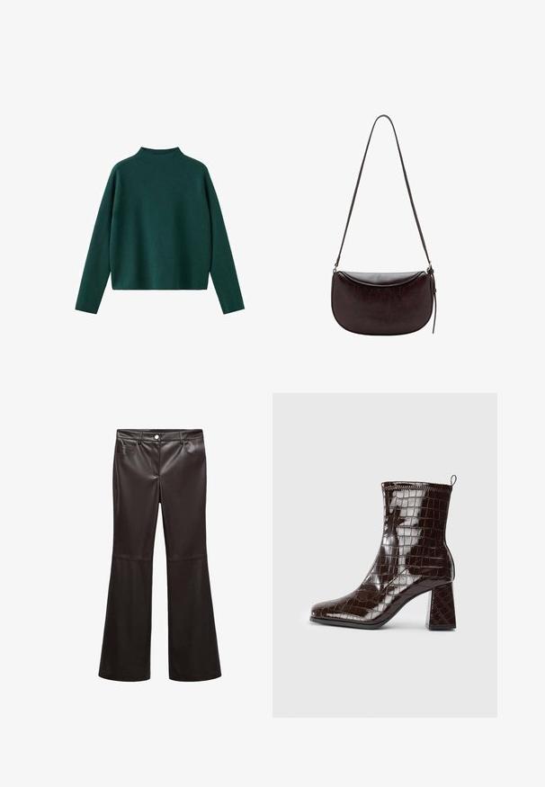 Mørkegrønt pullover-sweater med høj hals, lange ærmer og en afslappet pasform. Stoffet ser blødt og glat ud og har minimale sømme.; Sorte flare bukser lavet af glat kunstlæder, med forlommer, lynlås og en sølvknap. Desuden detaljeret syning.; Mørkebrun patentlæder ankelstøvle med krokodillemønster, blokhæl og trækstrop bagpå mod hvid baggrund.; Mørkebrun læder skuldertaske med en buet form, slank rem og glat tekstur. Har en topklap og minimale hardware-detaljer.