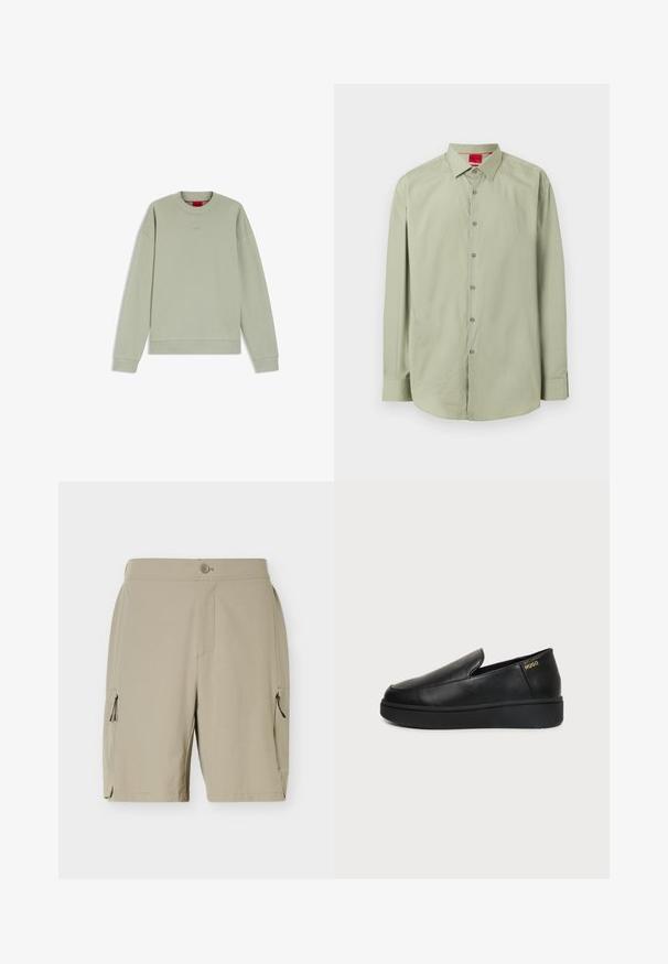 Sweat-shirt vert clair à manches longues avec encolure ras du cou, poignets et ourlet côtelés, arborant un logo discret en relief sur la poitrine et une étiquette intérieure rouge au col.; Chemise à manches longues vert clair avec col pointu et étiquette rouge de marque visible à l'intérieur du col.; Shorts beiges mi-genoux avec fermeture à boutons et poches zippées de chaque côté, conçus pour un usage décontracté ou en plein air.; Chaussure noire en cuir à enfiler avec semelle épaisse et petits trous de ventilation latéraux, avec un logo doré "HUGO" près du talon.