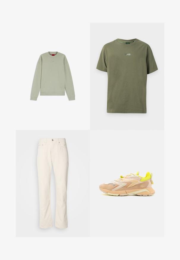 Hellgrünes Sweatshirt mit langen Ärmeln und Rundhalsausschnitt, mit gerippten Bündchen und Saum, versehen mit unauffälligem geprägtem Logo auf der Brust und rotem inneren Halslabel.; Olivgrünes Baumwoll-T-Shirt mit Rundhalsausschnitt, kurzen Ärmeln und einem reflektierenden "BOSS"-Logo auf der Vorderseite. Klassische Passform, glatte Textur.; Beige Baumwolljeans mit klassischem geradem Bein, ausgestattet mit einem Frontknopfverschluss, fünf Taschen und dezenten Nähdetails.; Sneaker mit einer leichten Oberseite aus Pfirsich- und Creme-Mesh, neon-gelben Akzenten, strukturiertem Wildleder und einer gepolsterten Sohle.