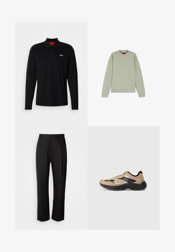 Hellgrünes Sweatshirt mit langen Ärmeln und Rundhalsausschnitt, mit gerippten Bündchen und Saum, versehen mit unauffälligem geprägtem Logo auf der Brust und rotem inneren Halslabel.; Schwarzes Longsleeve-Polohemd aus Baumwolle mit rotem Kragen und Drei-Knopf-Leiste, ausgestattet mit einem weißen "HUGO"-Logo auf der Brust.; Schwarze Hosen mit geradem Schnitt, aus leichtem Stoff gefertigt. Verfügt über einen vorderen Knopfverschluss und zwei seitliche Taschen; glatte Textur.; Beiger, schwarzer und burgunderfarbener Sportschuh mit Mesh- und Lederdetails, mit der Aufschrift "HUGO" an der Seite und einer dicken schwarzen Sohle.