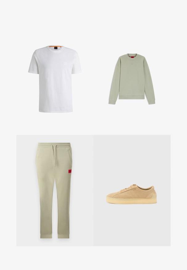 Lichtgroene longsleeve crewneck-sweatshirt met geribbelde manchetten en zoom, voorzien van een subtiel geperst logo op de borst en een rood label aan de binnenkant van de kraag.; Witte katoenen t-shirt met korte mouwen en een ronde hals. Heeft een subtiele logo patch aan de voorkant en een oranje accent bij de kraag.; Lichtbeige sweatpants met elastische tailleband, trekkoord, zijzakken, geribde boorden en een klein rood "HUGO" logo op de rechterdij.; Beige suède lage sneaker met dikke gumzool, vetersluiting aan de voorkant en subtiele zijkant branding op een effen lichtgrijze achtergrond.