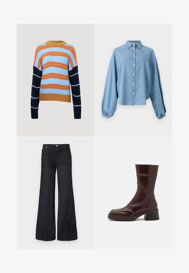 Gebreide trui met een geribbelde textuur, voorzien van horizontale strepen in lichtblauw, oranje en marineblauw. Ronde halslijn en lange mouwen.; Lichtblauw denimblouse met lange opgeblazen mouwen, knoopsluiting aan de voorkant en puntige kraag op een witte achtergrond.; Zwarte wijde jeans van denim met voorzakken, riemlussen en een knoopsluiting in de taille.; MIISTA MALENE - Lage laarzen - brown