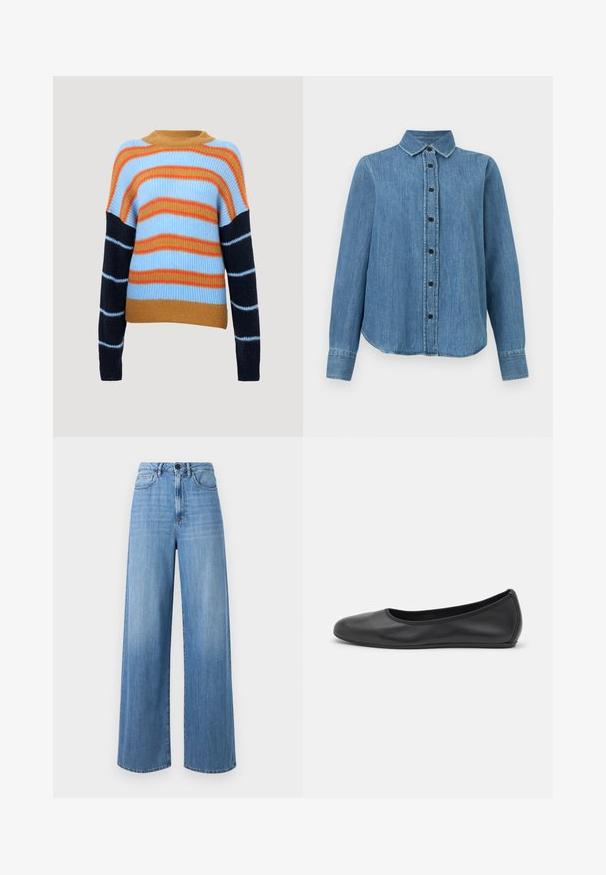 Gebreide trui met een geribbelde textuur, voorzien van horizontale strepen in lichtblauw, oranje en marineblauw. Ronde halslijn en lange mouwen.; Langermelig blauw denim overhemd met kraag en zwarte knopen, licht gebogen zoom, plat neergelegd op een witte achtergrond.; Lichtblauwe wijde jeans van denim, met een hoge taille, riemlussen, voorkruimelzakken en contrasterende stikdetails.; Zwarte leren ballerina met een ronde neus, gladde textuur, minimale stikdetails en een flexibele zoolontwerp.