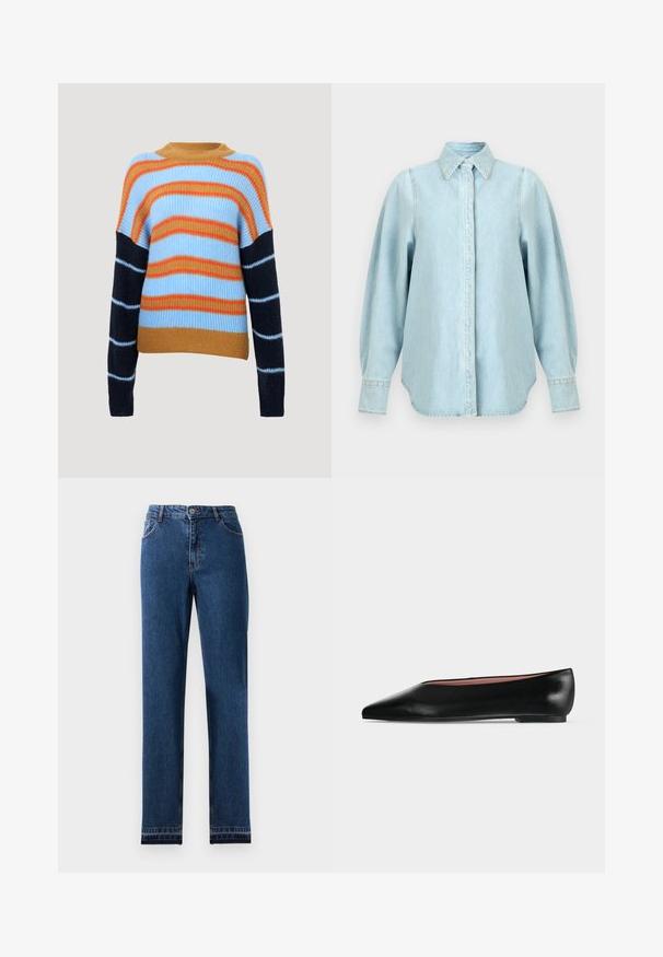 Strikket sweater med ribbet struktur, der har vandrette striber i lyseblå, orange og marineblå. Rund halsudskæring og lange ærmer.; Lyseblå denimskjorte med lange puffede ærmer, spids krave, knappede manchetter og skjult knaplukning foran.; Blå denim jeans med lige ben-design, fem lommer og en knap-lukning. Har kontrast søm og en let falmning.; Sort damesko i læder med flad hæl og spids tå, vist fra siden på en ensfarvet lys grå baggrund.