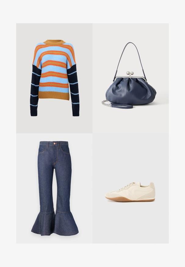 Gebreide trui met een geribbelde textuur, voorzien van horizontale strepen in lichtblauw, oranje en marineblauw. Ronde halslijn en lange mouwen.; Donkerblauwe denim flared jeans met een gerimpelde zoom, vijf zakken en contrasterende oranje stiksels. Middenhoogte tailleband met een sluiting met een voorknop.; Lichtbeige sneakers met een textuur van leer op het bovenwerk, getextureerde zijpanelen en een rubberen zool. Voorzien van een slank, gestroomlijnd ontwerp en platte veters.; Zachte navyblauwe leren handtas met zilveren sluiting, enkele schouderband en afneembare ketting polsband op witte achtergrond.