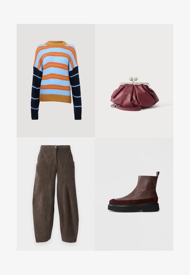 Strikket sweater med ribbet struktur, der har vandrette striber i lyseblå, orange og marineblå. Rund halsudskæring og lange ærmer.; Brune bredbenede fløjlsbukser med høj talje, frontknaplukning og skrå sømdetaljer på benene.; Brune læder ankelstøvler med en robust sort platformssål, der har en glat tekstur og en lille strop bagpå for nem påtagning.; Lille bordeaux rød læder clutch-pung med sølv metal lukning og håndledsrem på hvid baggrund.