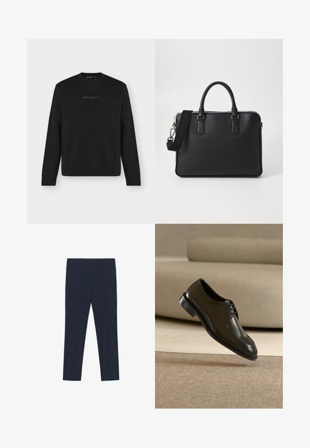 Sudadera negra con cuello redondo, mangas largas y un logo en cursiva gris sutil centrado en el pecho.; Pantalones formales azul marino con un diseño entallado, textura suave y dos bolsillos delanteros, con líneas limpias y un corte recto.; Zapato de vestir de cuero negro con cordones cerrados flotando sobre una alfombra beige, sofá beige desenfocado al fondo.; Bolso de cuero negro con superficie texturizada, dos asas y una correa para el hombro desmontable. Presenta cremalleras plateadas y elementos de diseño minimalistas.