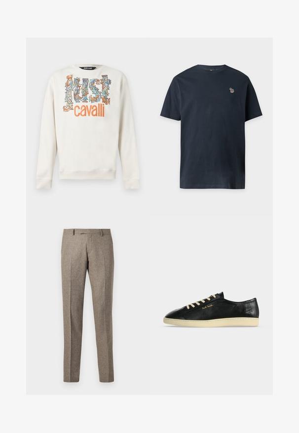 Weißes Sweatshirt mit langen Ärmeln, auf dem in blauen und orangefarbenen, floralen, verzierten Buchstaben "JUST" steht, darüber in kräftigem Orange der Schriftzug "cavalli".; Marineblauses Kurzarm-T-Shirt mit Rundhalsausschnitt und kleinem mehrfarbigem Zebra-Emblem auf der linken Brust.; Braune Wollmischungs-Hosen mit gerade geschnittenem Design, das eine feine Textur und Bügelfalten aufweist, abgerundet mit einem klassischen Taillenbund.; Schwarzer flacher Ledersneaker mit cremefarbener Sohle und Schnürsenkeln, goldenem "Paul Smith"-Logo an der Seite und eingeprägtem Symbol nahe der Ferse.