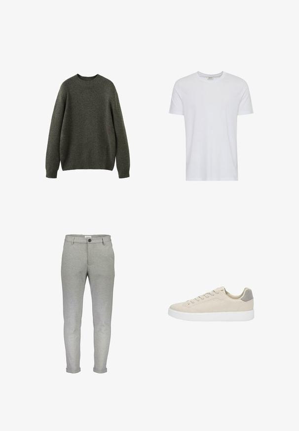 Grøn ulden sweater med rund hals, faldende skuldre samt ribstrikkede ærmekanter og kant forneden. Blød tekstur og afslappet pasform.; Plain hvid kortærmet t-shirt med rund hals, vist på en hvid baggrund, med et lille nakke-label, der viser mærket “Solid”.; Lysegrå sweatpants med slim fit, elastisk talje, frontknaplukning og opslåede manchetter. Lavet af et blødt, tekstureret stof.; Beige ruskinds sneakers med hvide gummisåler, der har et lavtopdesign og grå accent på hælen. Snørebåndlukning med minimal syning.