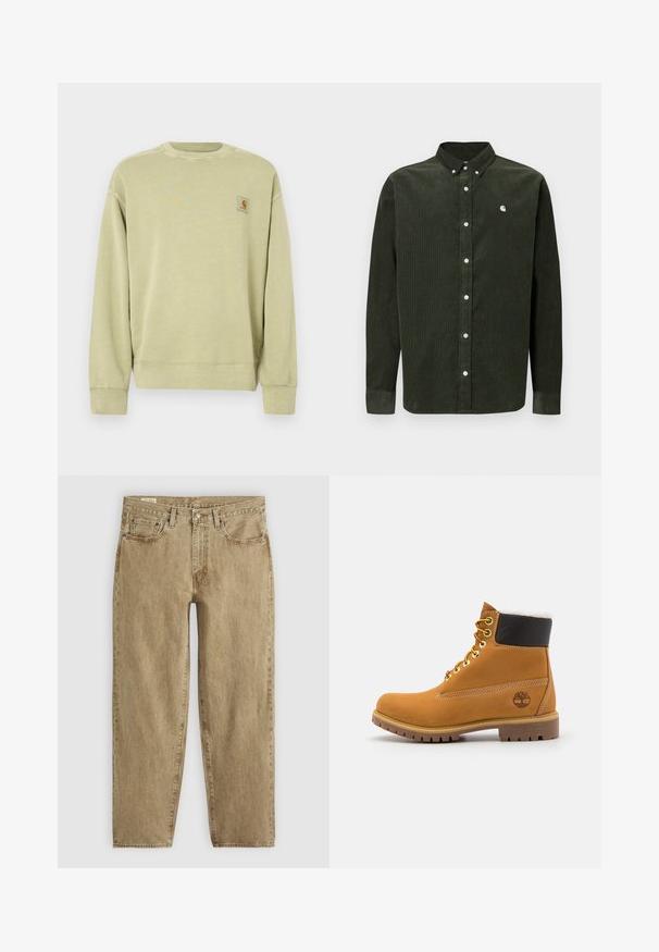 Sweatshirt vert clair avec un col rond classique, des poignets côtelés et un petit patch logo rectangulaire sur le côté gauche de la poitrine. Tissu doux et texturé.; Chemise à manches longues en velours côtelé vert foncé avec col boutonné, boutons blancs et petit logo sur la poitrine gauche.; Jeans en denim beige à coupe décontractée, à cinq poches, avec des coutures visibles et une texture légèrement délavée ; fermeture par bouton et zip.; Bottine en cuir brun avec œillets en métal, doublure en fourrure blanche, col rembourré noir, semelle robuste et logo en relief sur le côté.