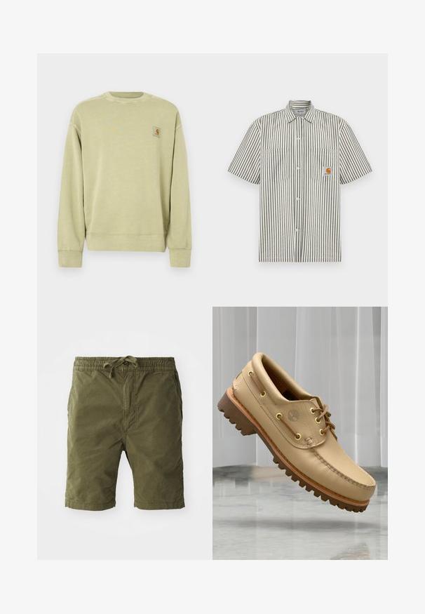 Sweatshirt vert clair avec un col rond classique, des poignets côtelés et un petit patch logo rectangulaire sur le côté gauche de la poitrine. Tissu doux et texturé.; Chemise à manches courtes rayée gris et blanc, avec deux poches poitrine et un écusson logo rectangulaire orange. Fermeture à boutons sur le devant.; Shorts vert olive en tissu doux et texturé. Présentent une taille élastique avec cordon de serrage et des poches latérales.; Chaussure bateau en cuir marron clair avec semelle épaisse et striée et détails de lacets, flottant au-dessus d'un sol en marbre et d'un fond de stores verticaux blancs.